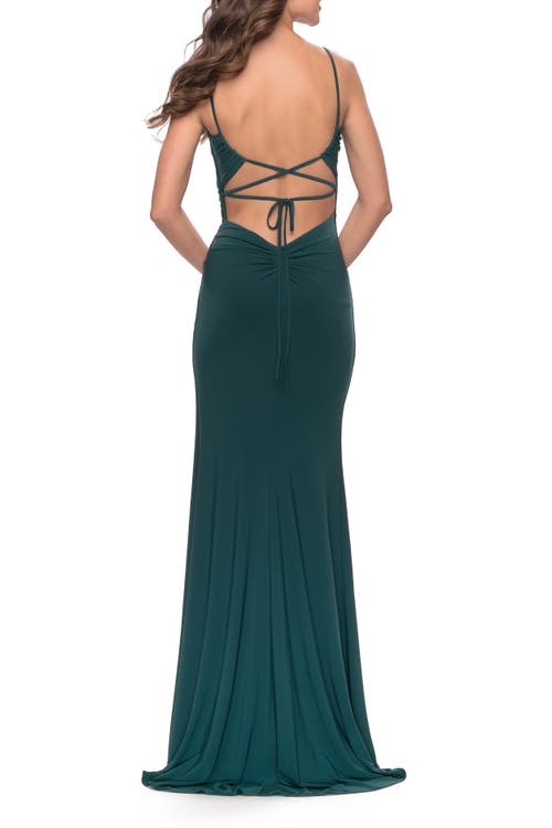 La Femme Elegant Jersey Dress With Ruching And Square Neckline In Emerald