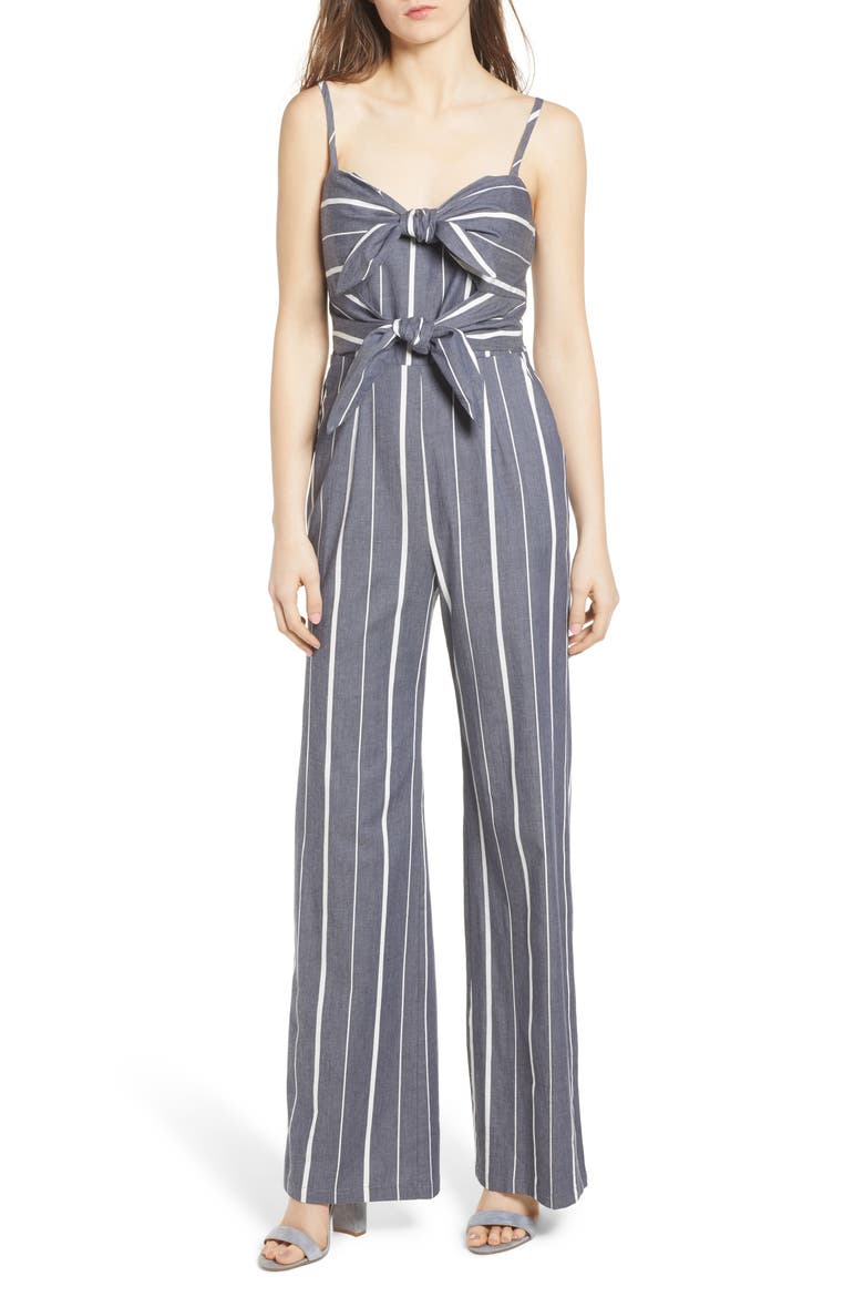 Double Tie Front Jumpsuit, Main, color, DENIM/ WHITE