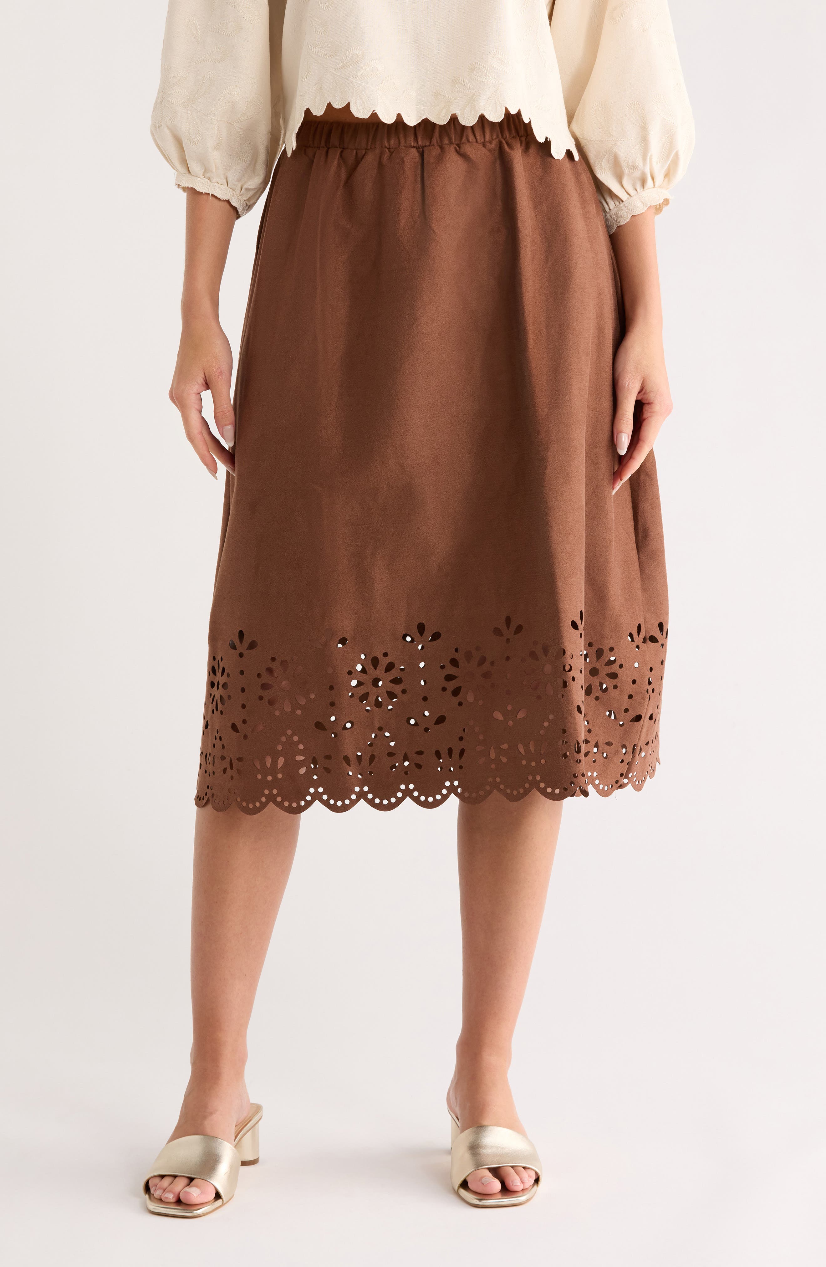 Forgotten Grace Eyelet Scallop Midi Skirt