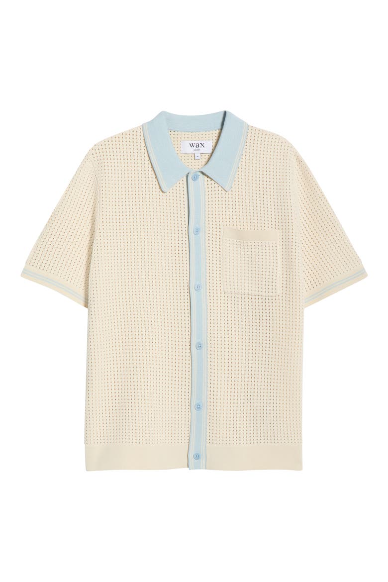 Belle Tipped Pointelle Stitch Short Sleeve Button-Up Shirt, Alternate, color, ECRU / PALE BLUE