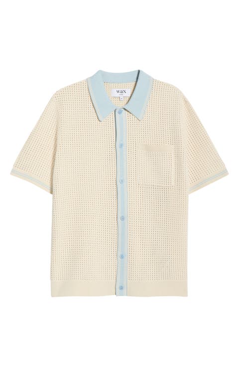Belle Tipped Pointelle Stitch Short Sleeve Button-Up Shirt