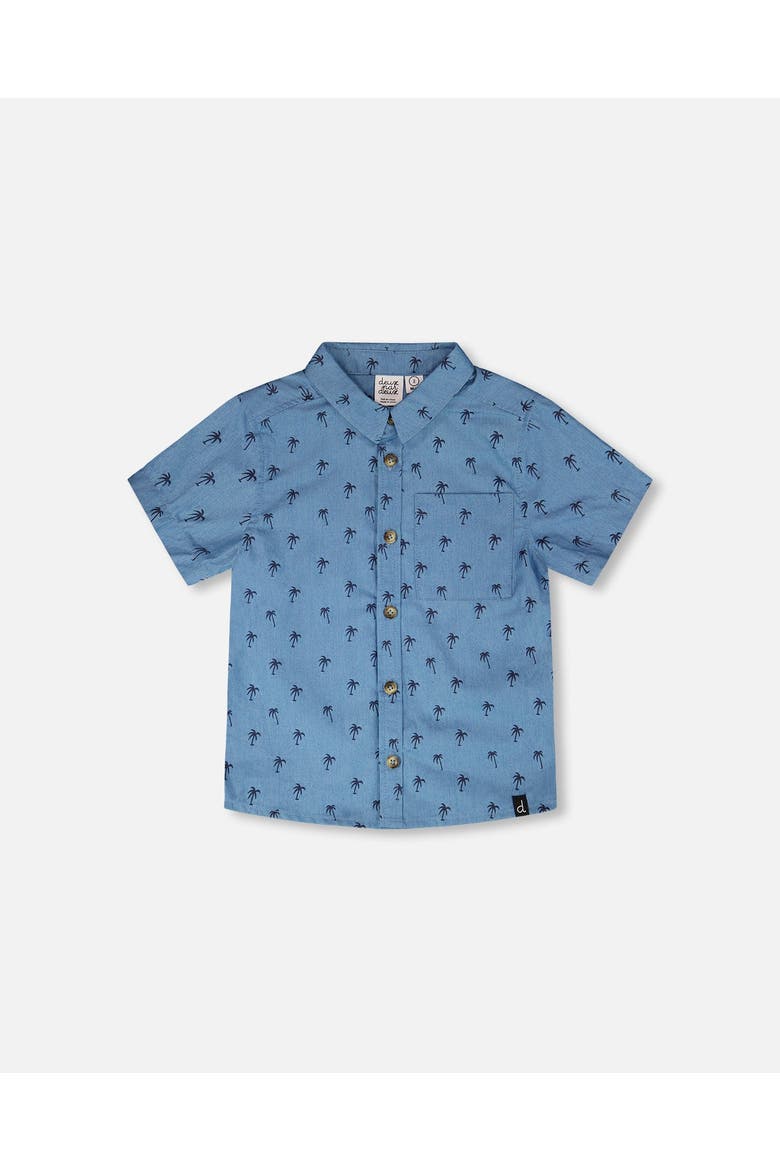 Short Sleeve Palm Print Chambray Shirt, Main, color, Blue Chambray Palm Print