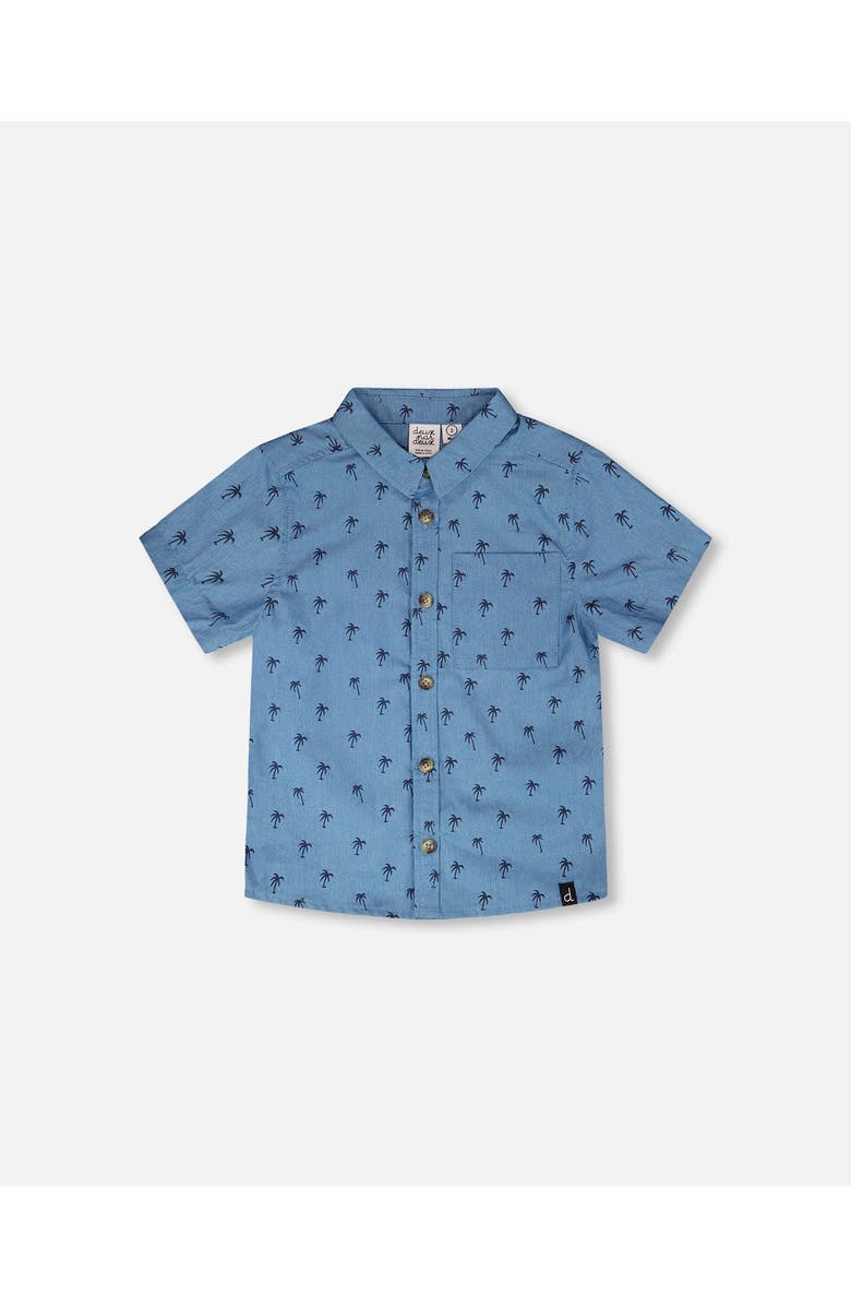 Deux par Deux Short Sleeve Palm Chambray Shirt, Main, color, Blue Chambray Palm Print
