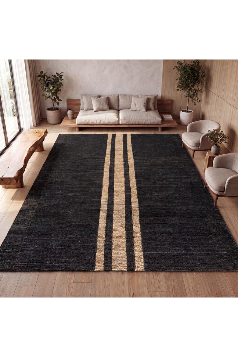 Olivier Rustic Beach House Wide Ticking Stripe Jute Area Rug, Alternate, color, Black/Natural