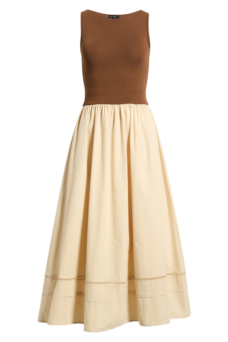 Mixed Media Lace Inset Midi Dress, Alternate, color, BROWN