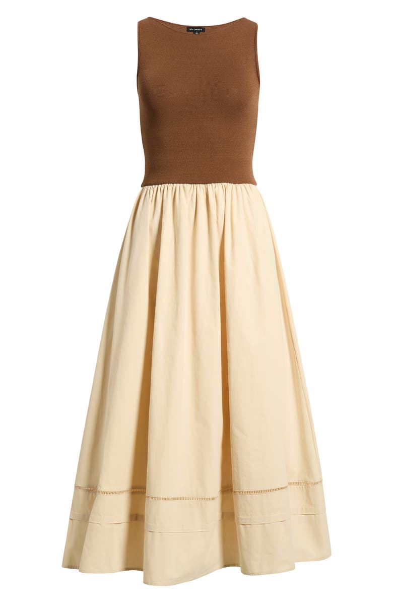 Blu Pepper Mixed Media Lace Inset Midi Dress, Main, color, Brown