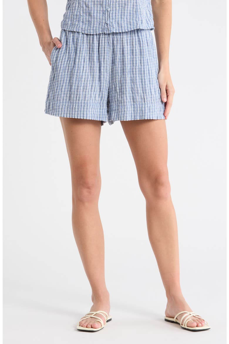Plaid Seersucker Drawstring Shorts, Main, color, BLUE- BLUE MINI GINGHAM
