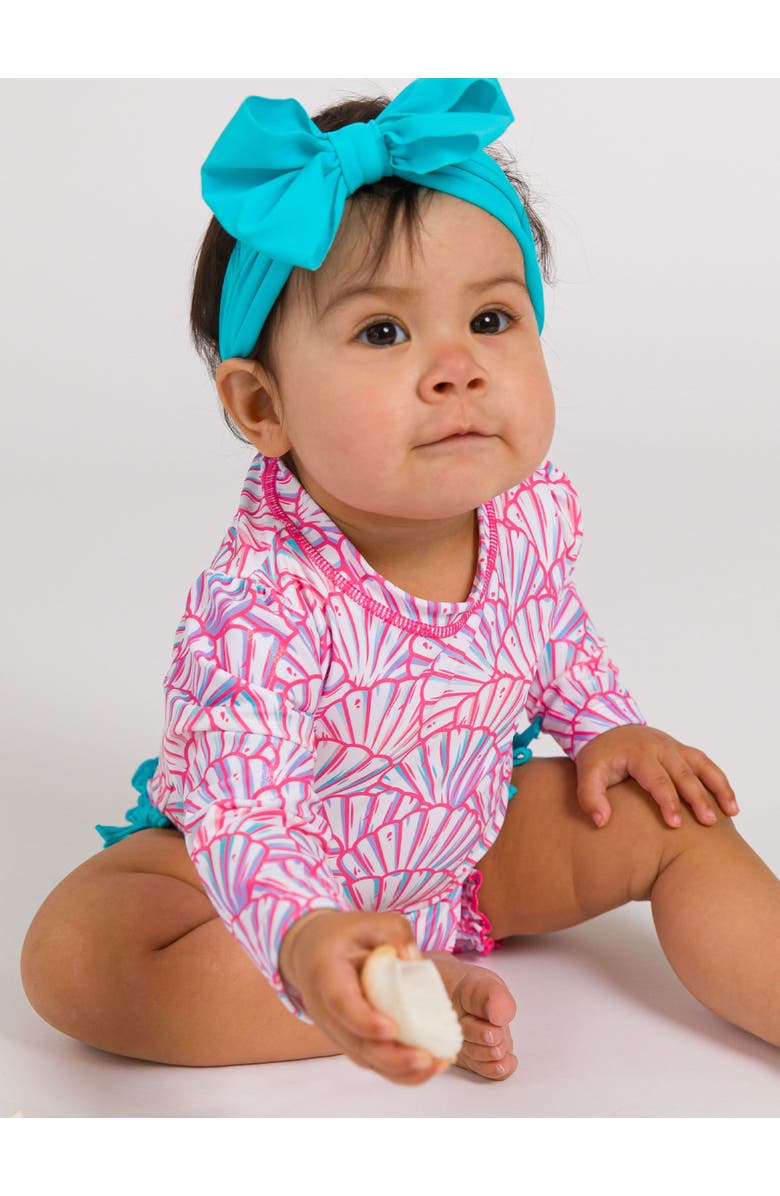 RuffleButts Baby Girls Mermaid Long Sleeve UPF50+ One Piece Rash Guard, Alternate, color, Pink Magical Mermaids