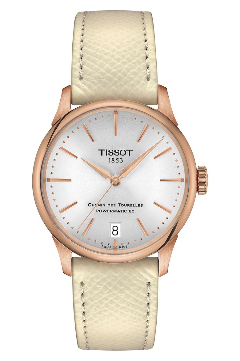 Chemin des Tourelles Powermatic 80 Leather Strap Watch, 34mm, Main, color, WHITE