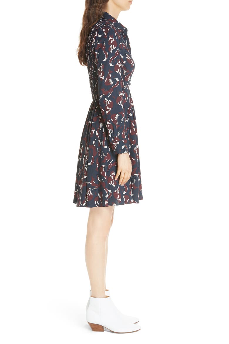 kate spade new york foxes smocked shirtdress, Alternate, color, VOYAGE BLUE