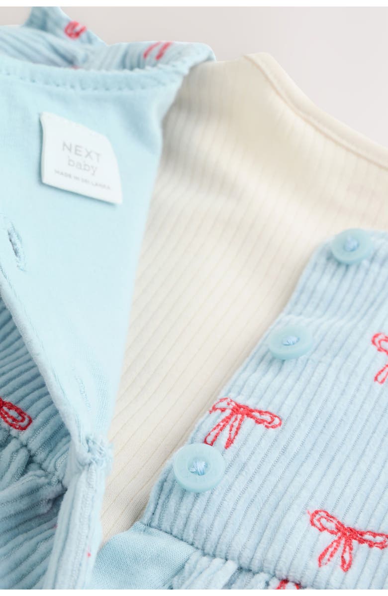 NEXT Bow Corduroy Pinafore Dress, Bodysuit & Socks Set, Alternate, color, Blue