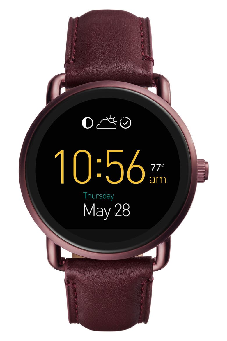 Wander Leather Strap Digital Smart Watch, 45mm, Main, color, WINE/ BLACK