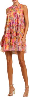 Mac Duggal Sleeveless High Neck Printed Mesh Mini Dress