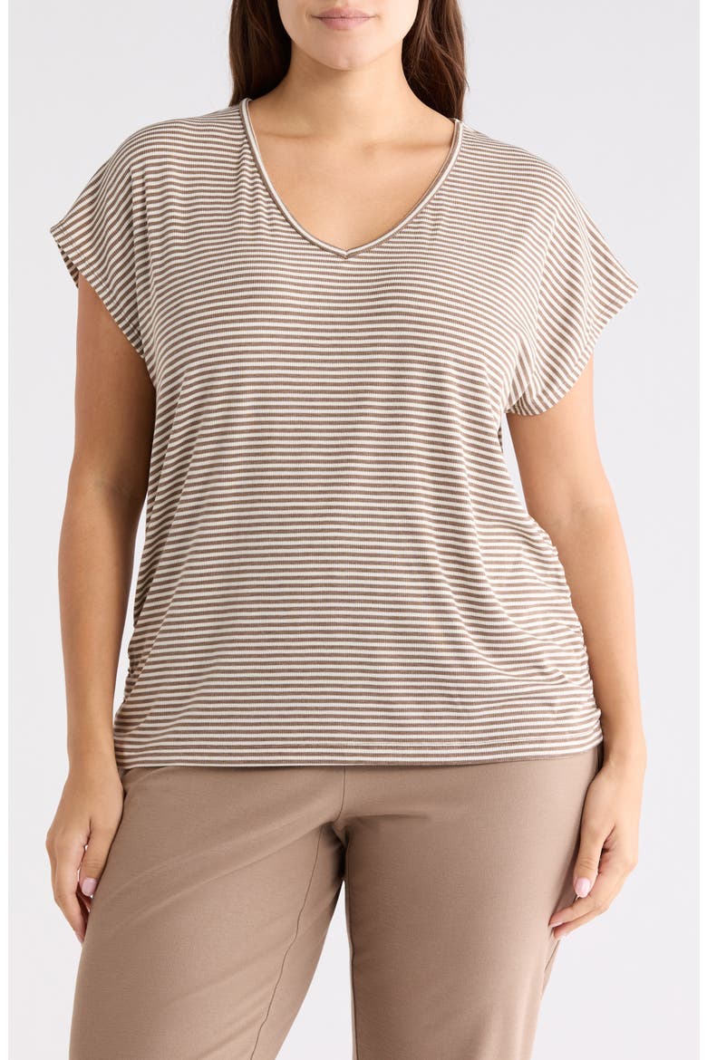 Stripe Cap Sleeve Cinch Side T-Shirt, Main, color, MUSHROOM/ ECRU