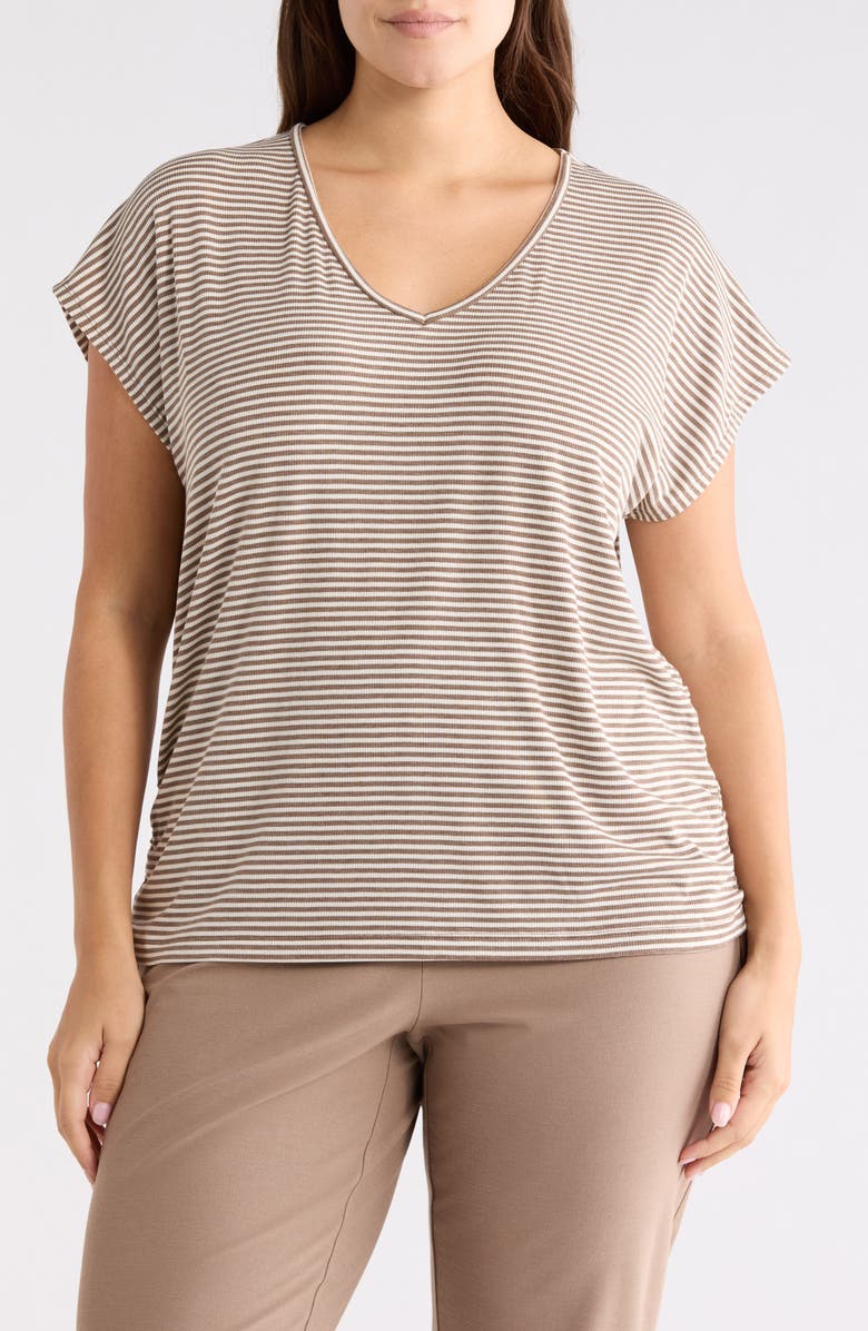 MAX STUDIO Stripe Cap Sleeve Cinch Side T-Shirt, Main, color, Mushroom/ Ecru