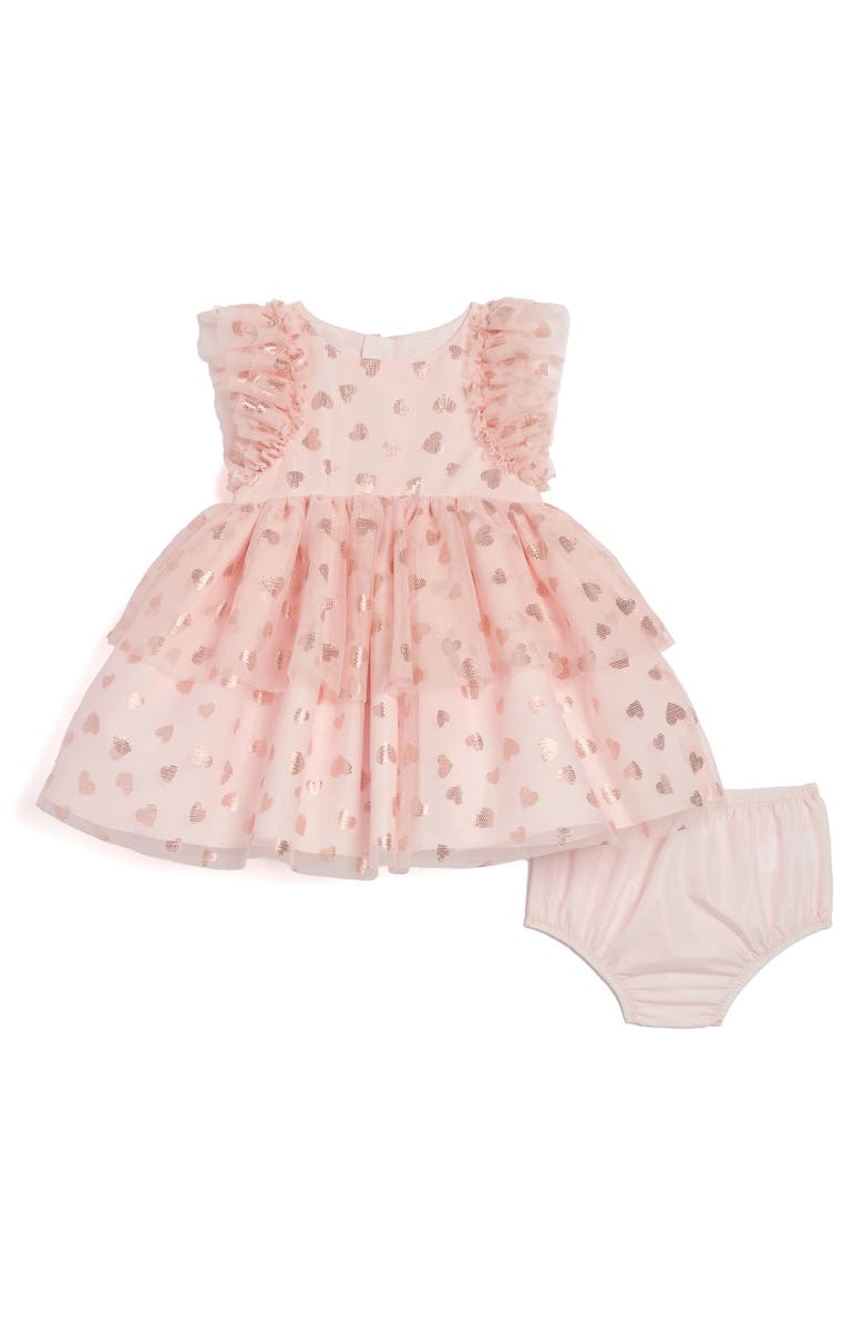 Pippa & Julie Heart Print Ruffle Dress & Bloomers, Main, color,