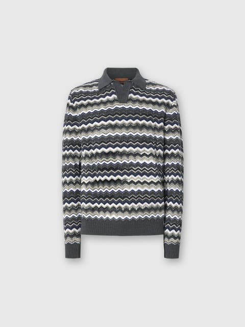 Long Sleeve Polo With V-neck And Zigzag Pattern