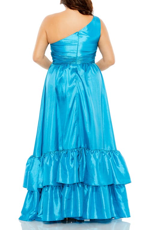 Mac Duggal One Shoulder Asymmetrical Ruffle Hem Gown In Turquoise
