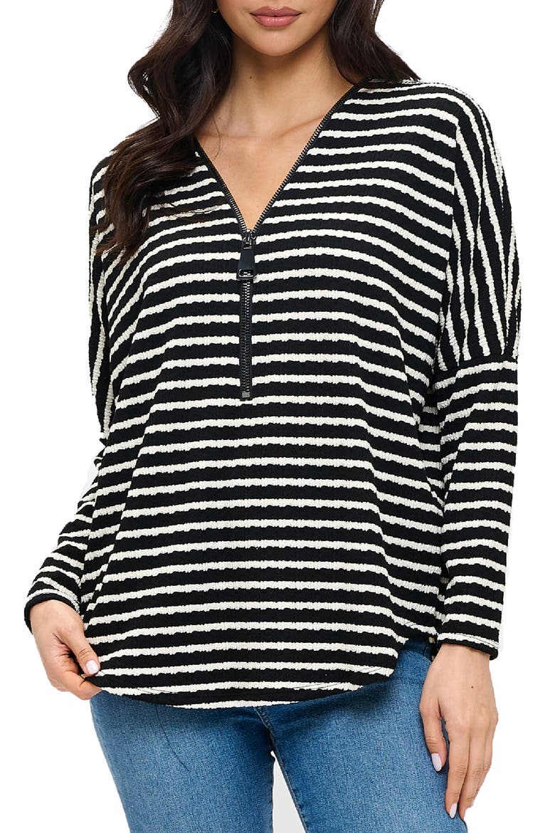 Quarter Zip Drop Shoulder Rib Long Sleeve Top, Main, color, BLACK/ WHITE