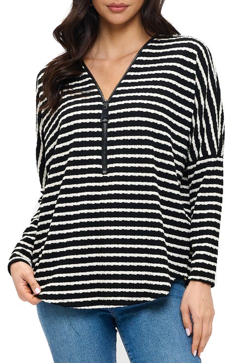 Quarter Zip Drop Shoulder Rib Long Sleeve Top