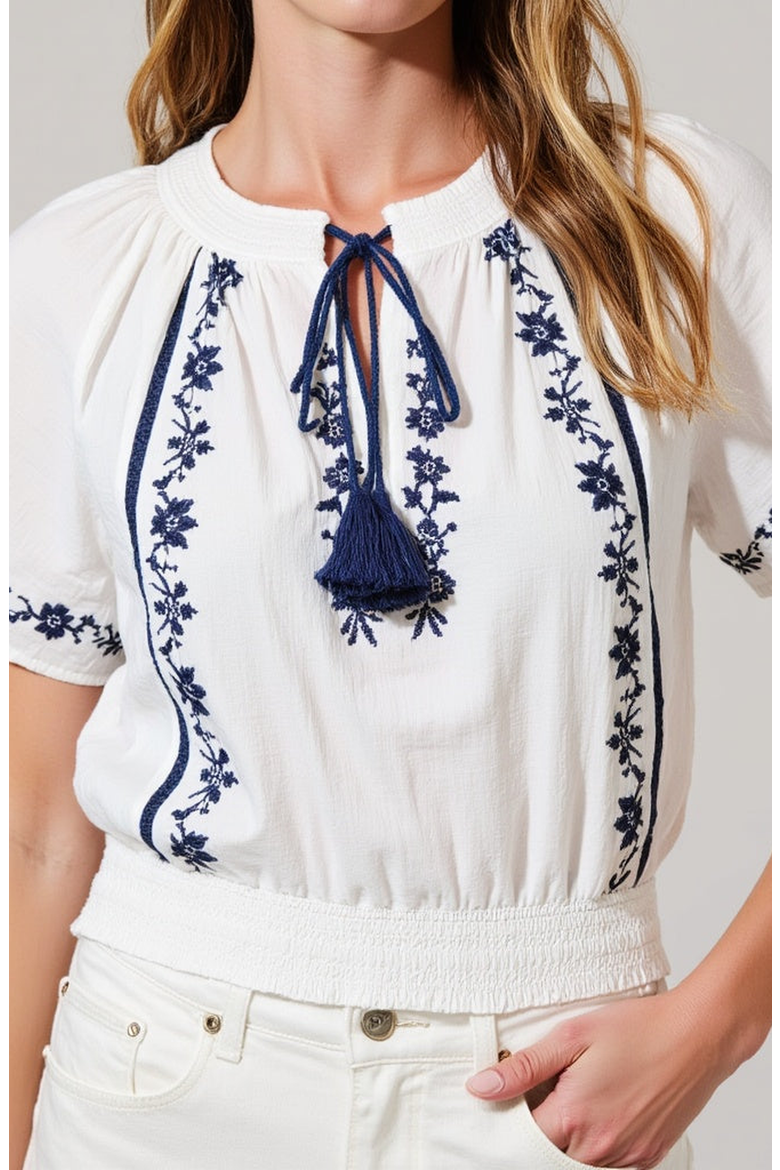 Short-Sleeve Embroidered Peasant Blouse, Alternate, color, White / Blue