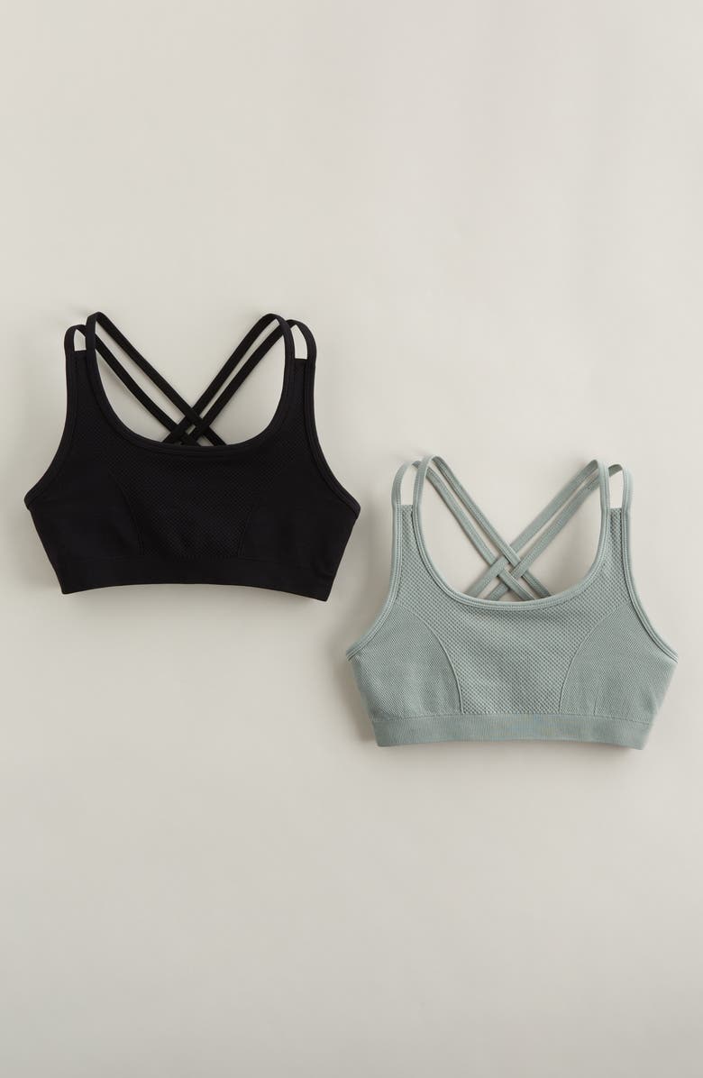 Zella Girl Kids' Assorted 2-Pack Strappy Seamless Bras, Main, color, Green Lilypad - Black