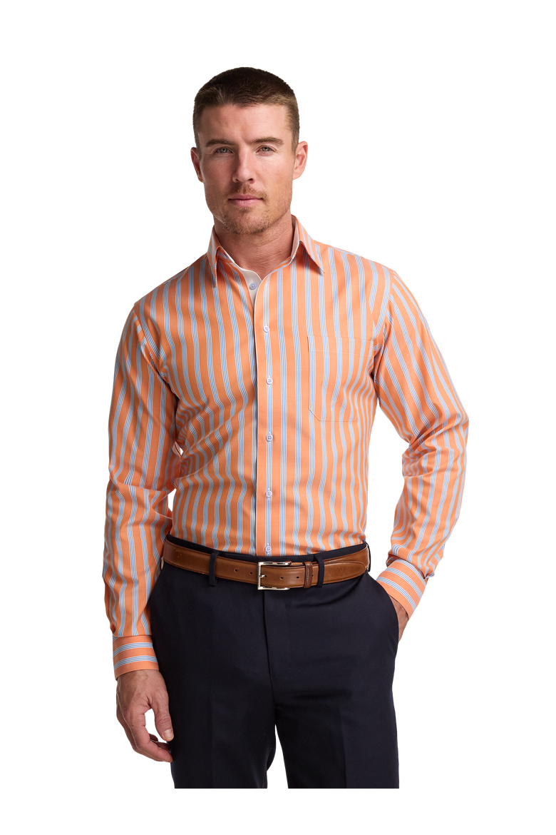 Cotton Spandex Point Collar Pinpoint Classic Contrast Trim Button Cuff Long Sleeve, Alternate, color, Melon/Blue
