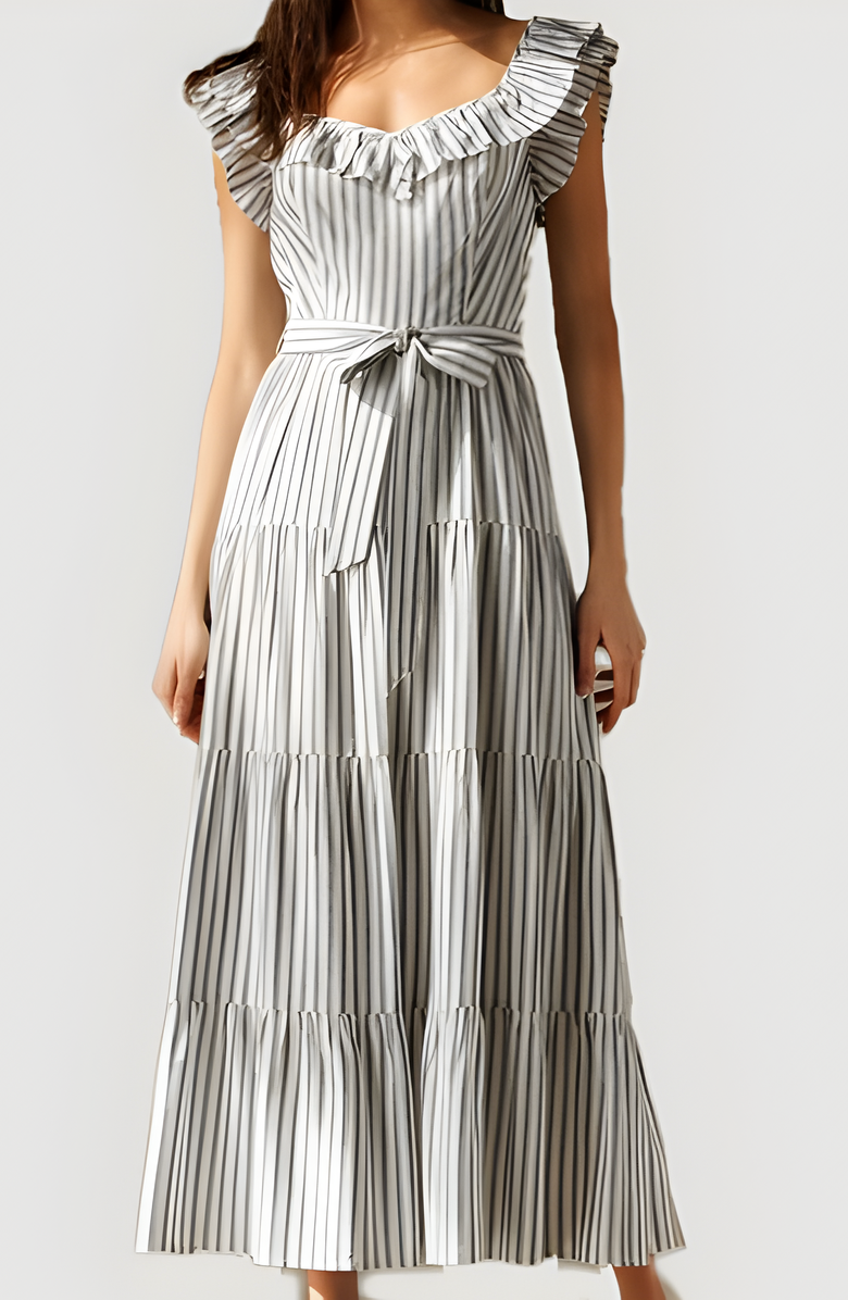 Modenaire Striped Tiered Midi Dress with Ruffle Sleeves and Front Waist Tie, Alternate, color, 