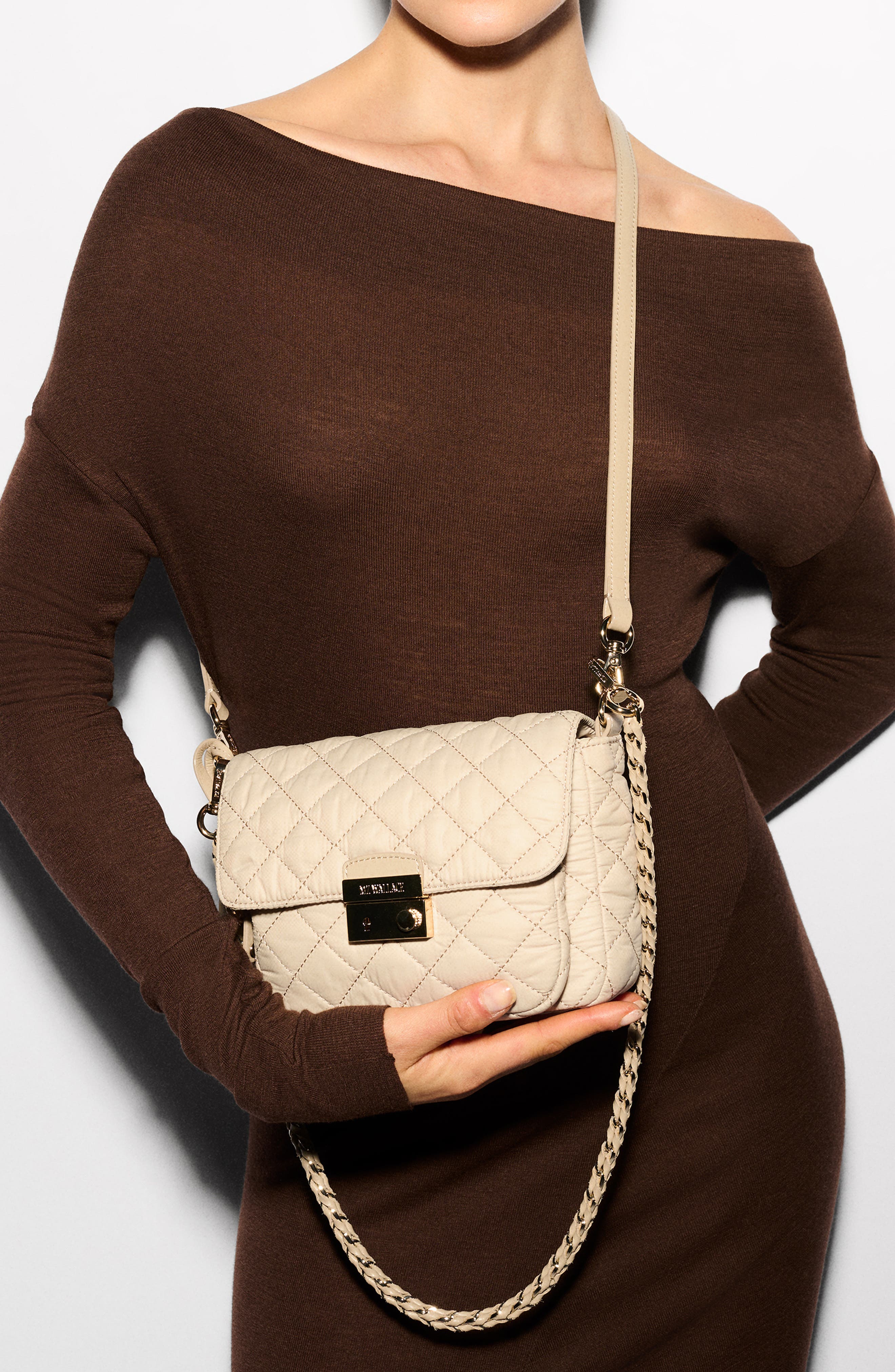 MZ Wallace Small Crosby Lock Quilted Nylon Crossbody Bag, Alternate, color, Buff
