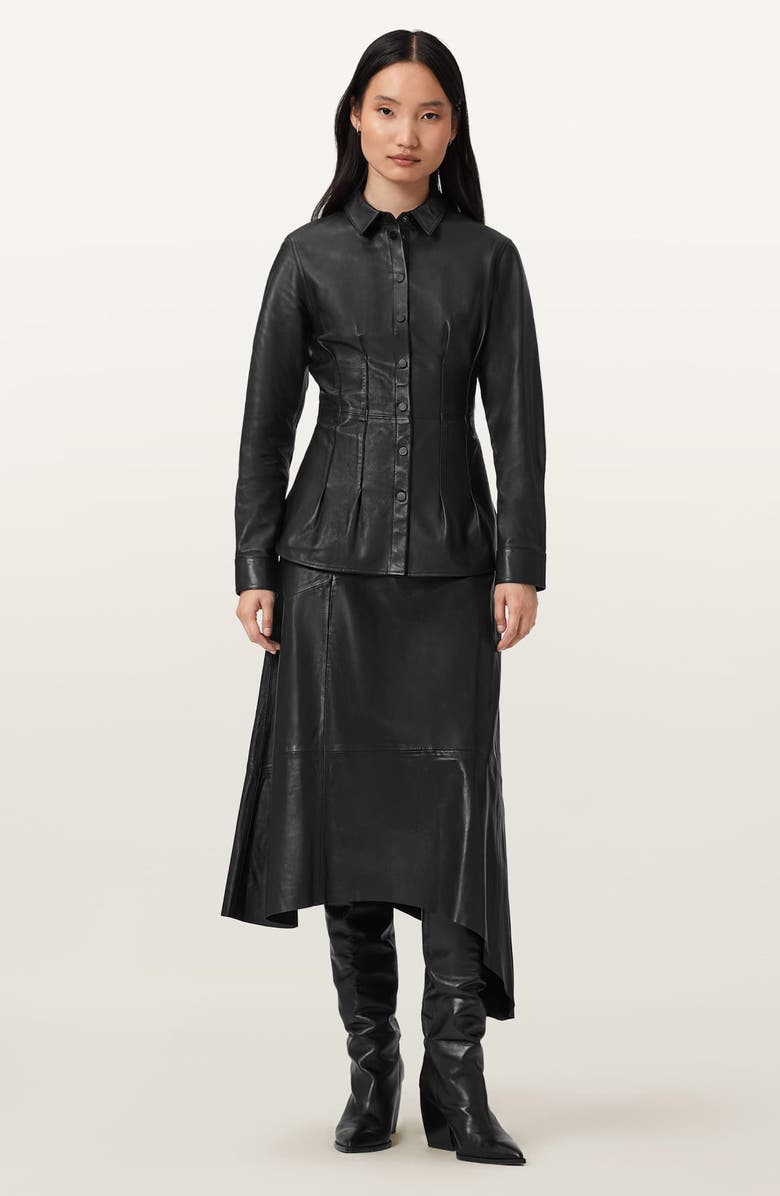 AllSaints Gia Asymmetric Leather Skirt, Alternate, color, Black
