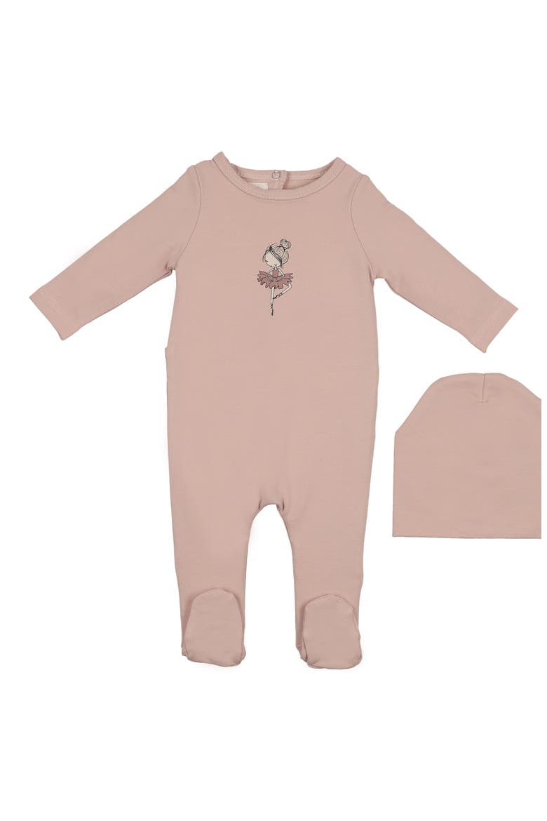 Ballerina Print Cotton Blend Footie & Beanie Set, Main, color, DUSTY MAUVE