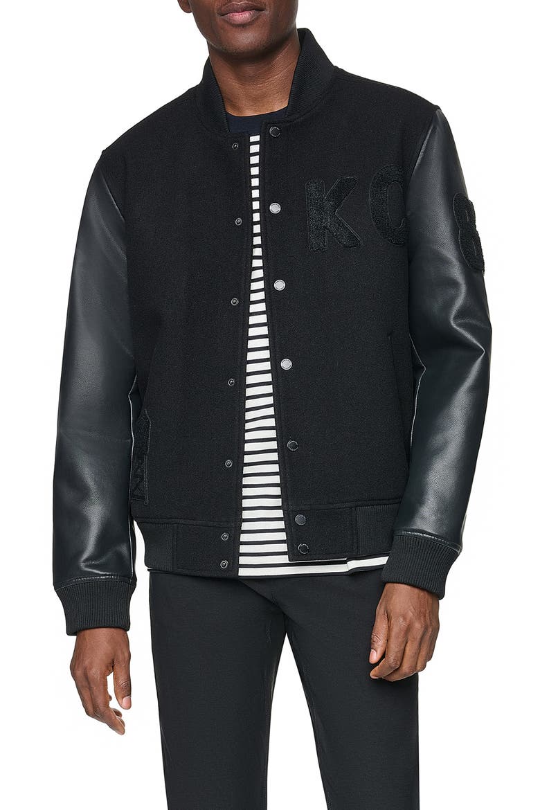 Faux Wool Varsity Bomber Jacket, Main, color, BLACK