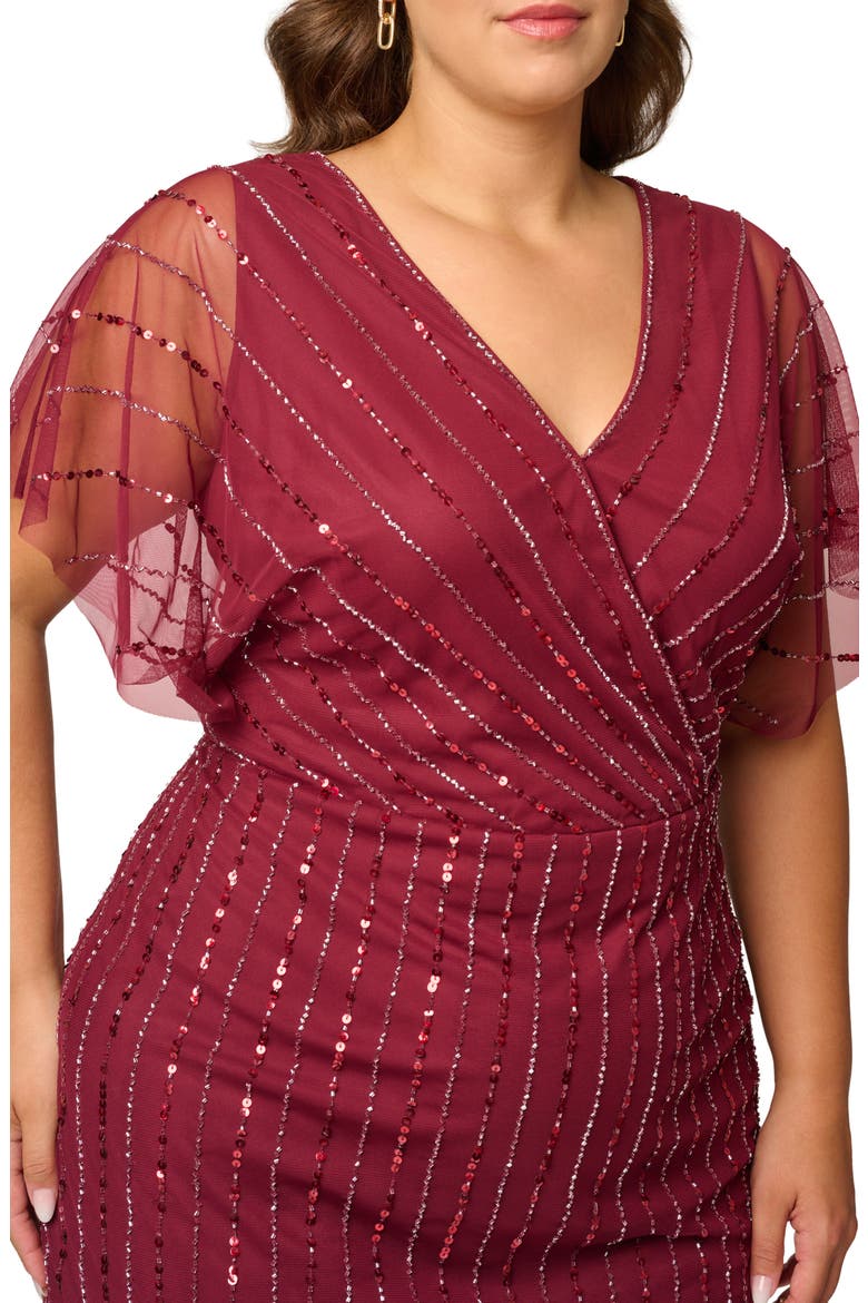 Surplice Beaded Mesh Dress, Alternate, color, MAHOGANY