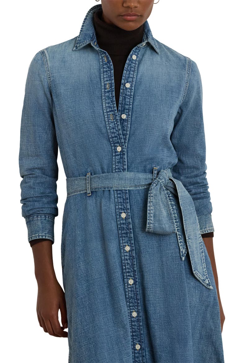 Belted Denim Shirtdress, Alternate, color, ODWIN WASH