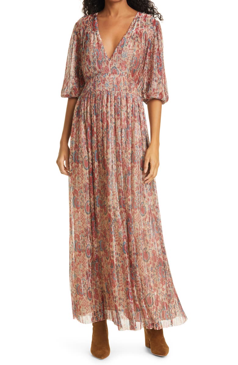 ba&sh Athena Floral Metallic Maxi Dress, Main, color, Rouge