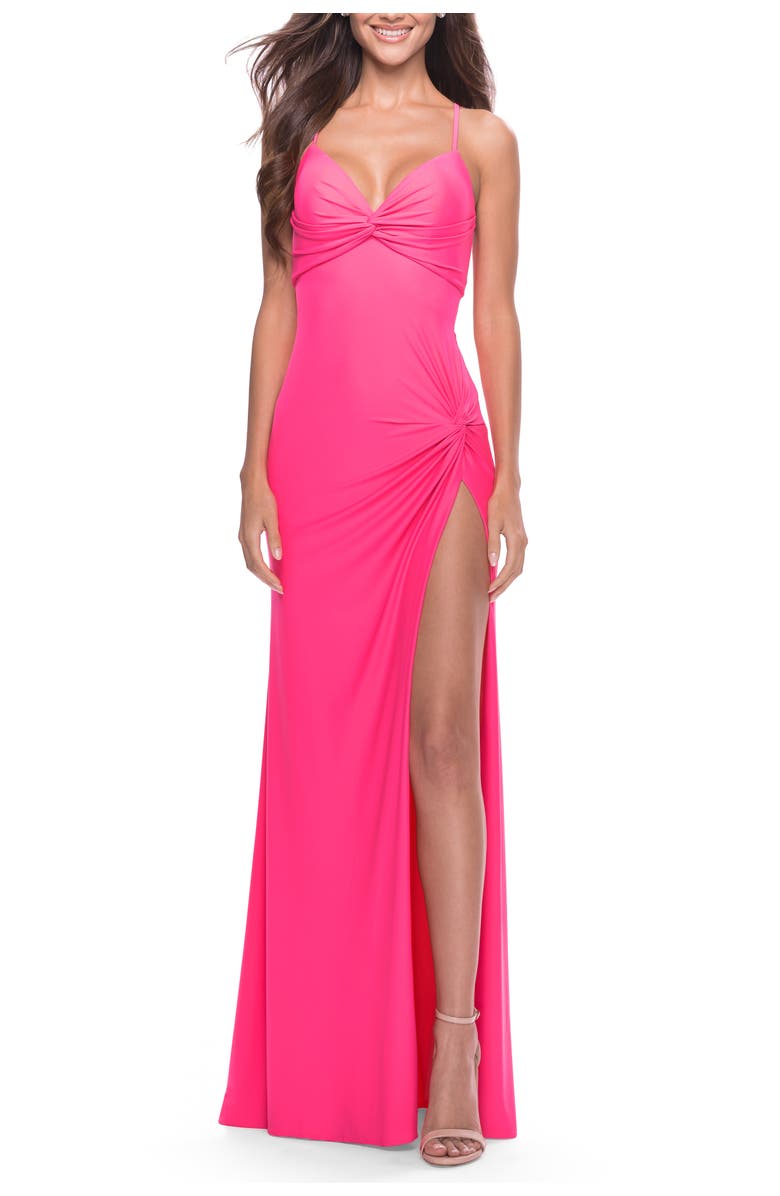 La Femme Soft Jersey Dress with Knot Detail on Bust and Hip, Main, color, Neon Pink