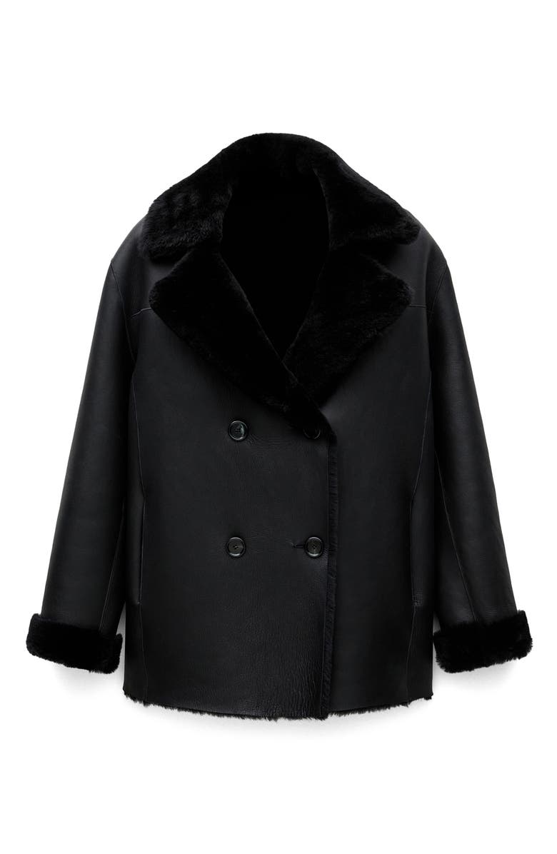 MANGO Faux Fur Collar Double Breasted Leather Jacket, Alternate, color, 