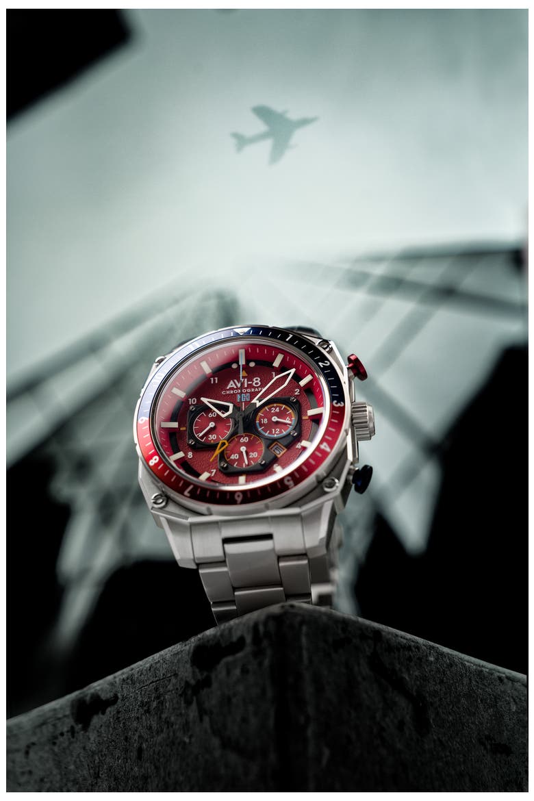 Hawker Hunter Atlas Dual Time Chronograph Bracelet Watch, 44, Alternate, color, RED
