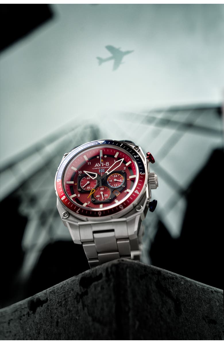 AVI-8 Hawker Hunter Atlas Dual Time Chronograph Bracelet Watch, 44, Alternate, color, Red