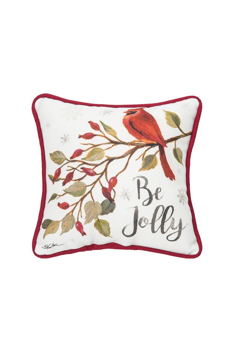 Be Jolly Cardinal Small Petite Size Printed Christmas Small Petite Size Accent Throw Pillow, 8" x 8", Main, color, White