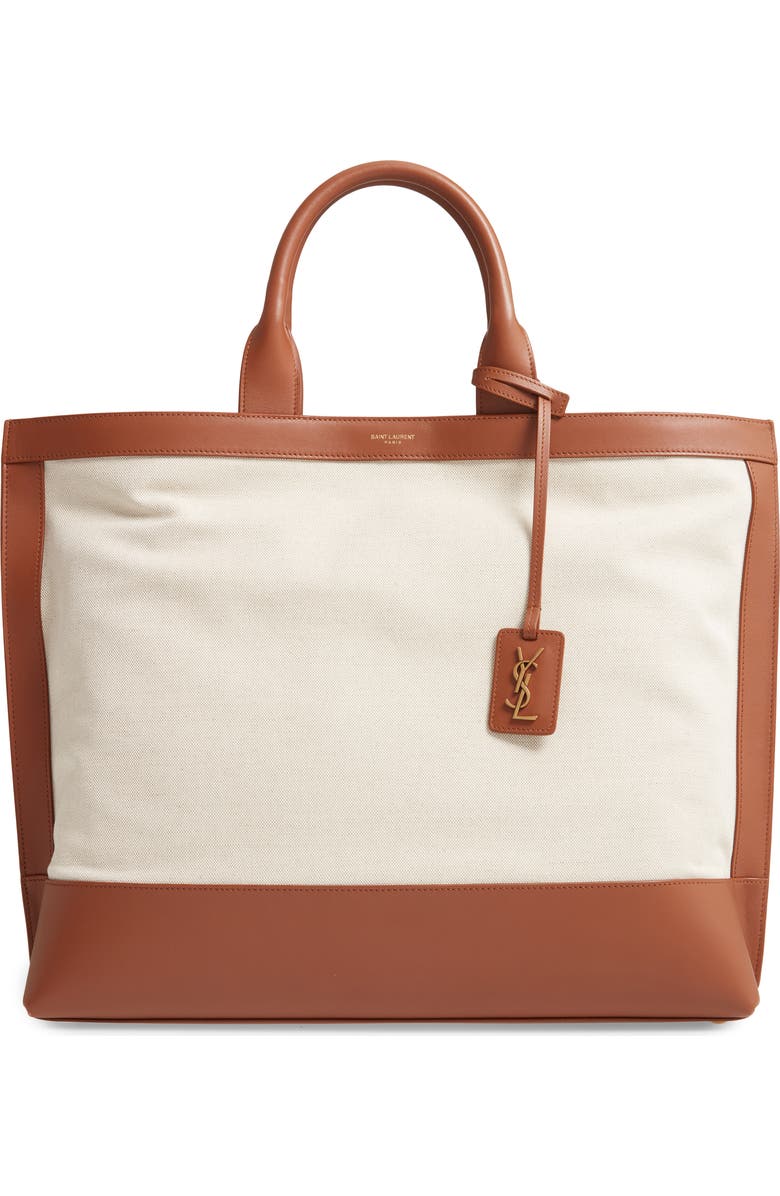 Saint Laurent Tag Canvas & Leather Tote, Main, color,