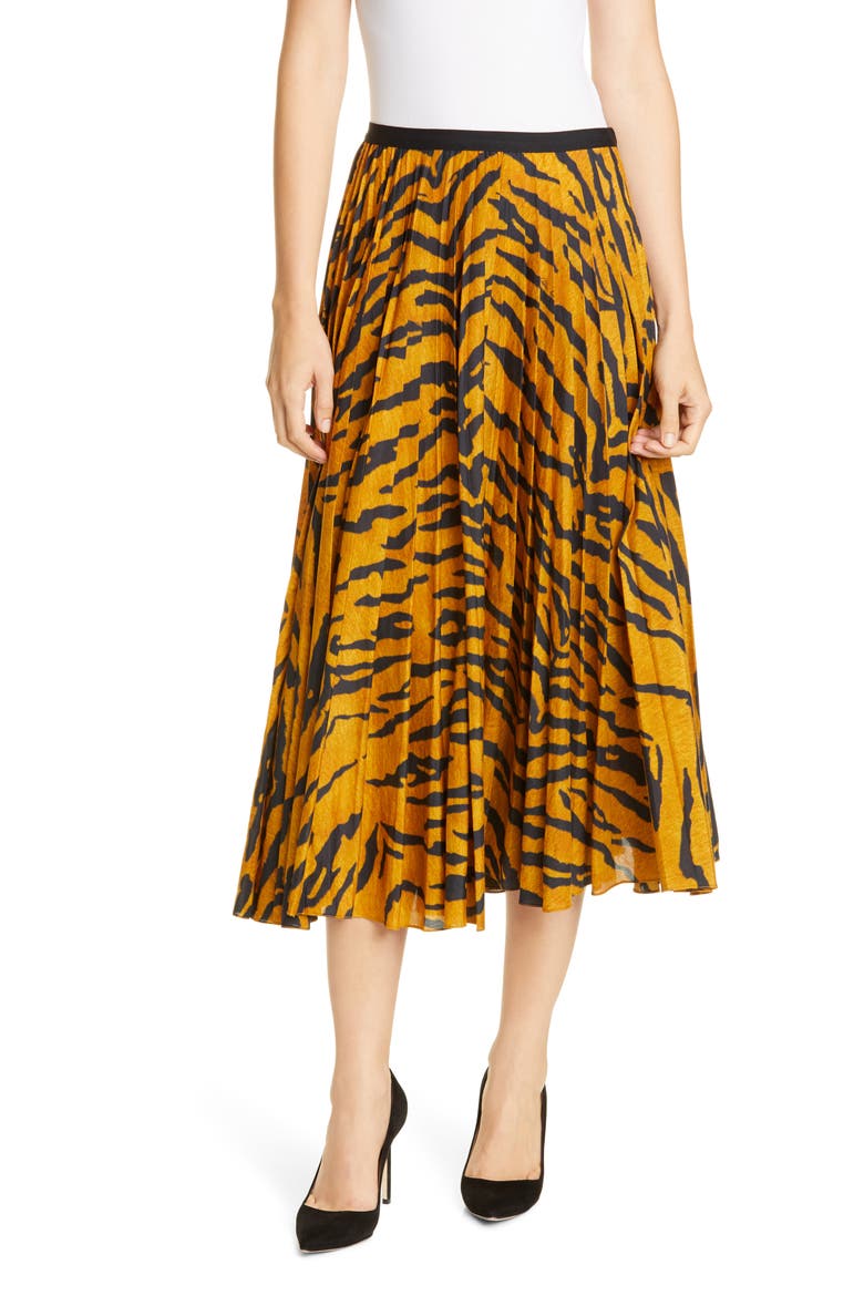 Pleated Tiger Print Voile Midi Skirt, Main, color, TIGER