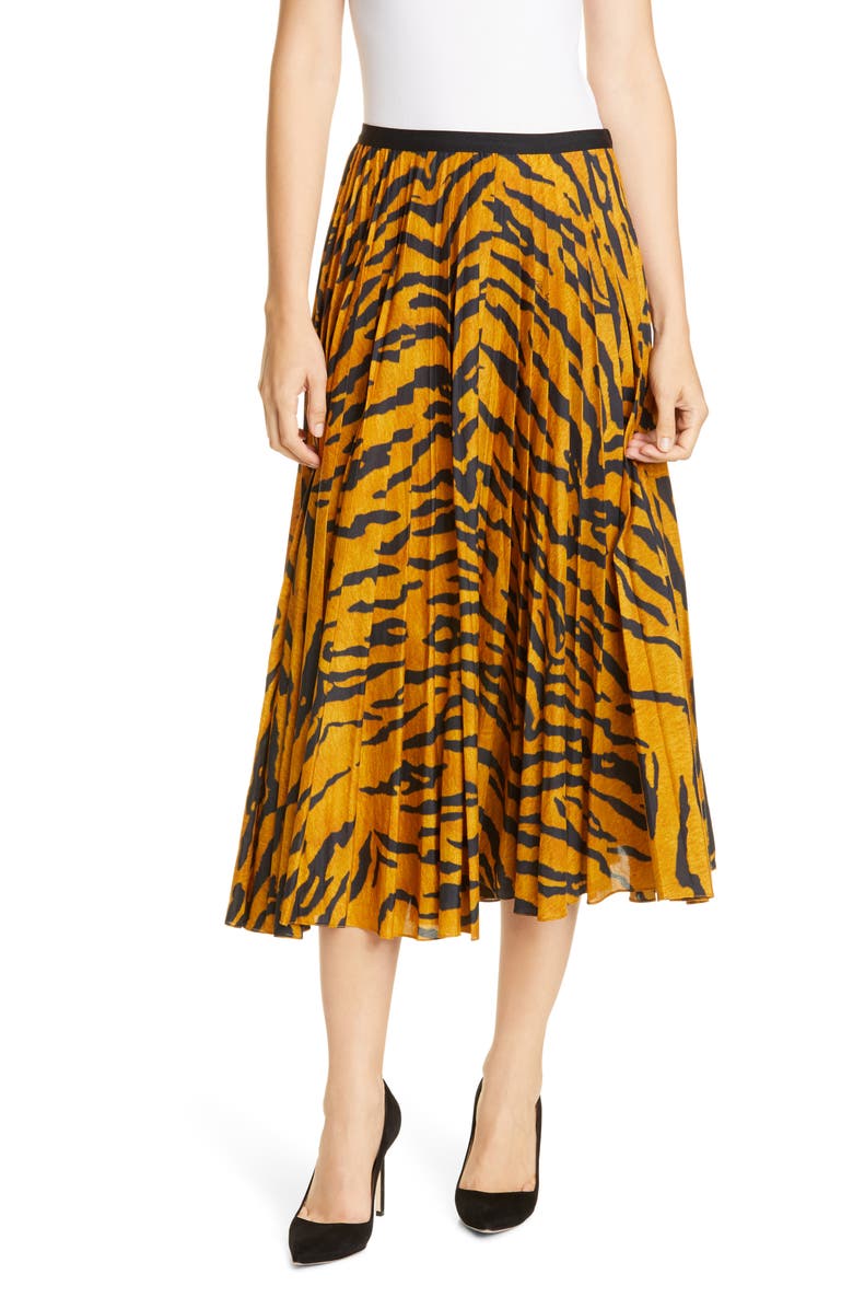Adam Lippes Pleated Tiger Print Voile Midi Skirt, Main, color,