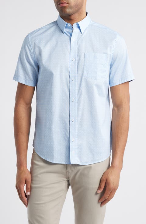 Airplane Print Short Sleeve Cotton Blend Button-Down Shirt