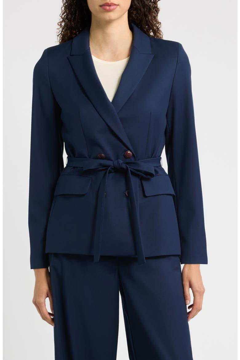 Emmfata Peaked Lapel Belted Blazer, Main, color, NAVY