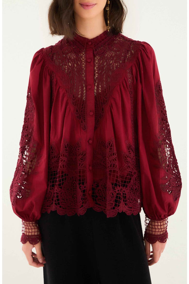 Guipure Lace Cotton Button-Up Shirt, Main, color, BURGUNDY