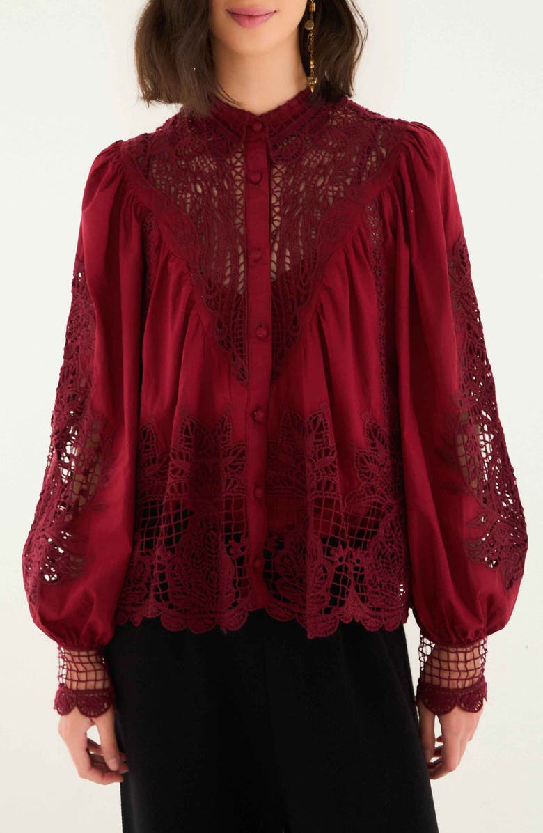 FARM Rio Guipure Lace Cotton Button-Up Shirt, Main, color, Burgundy
