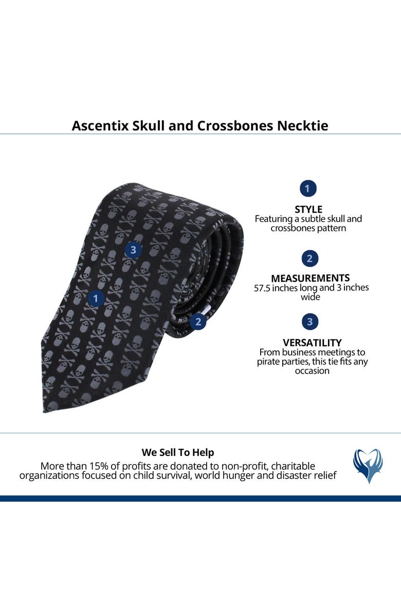 Pirate Skull and Crossbones Necktie, Alternate, color, Grey on Black