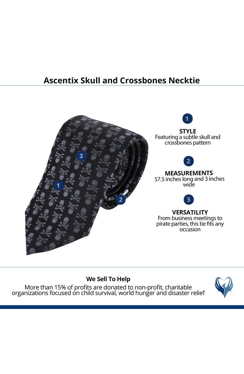 Ascentix Pirate Skull and Crossbones Necktie, Alternate, color, Grey On Black