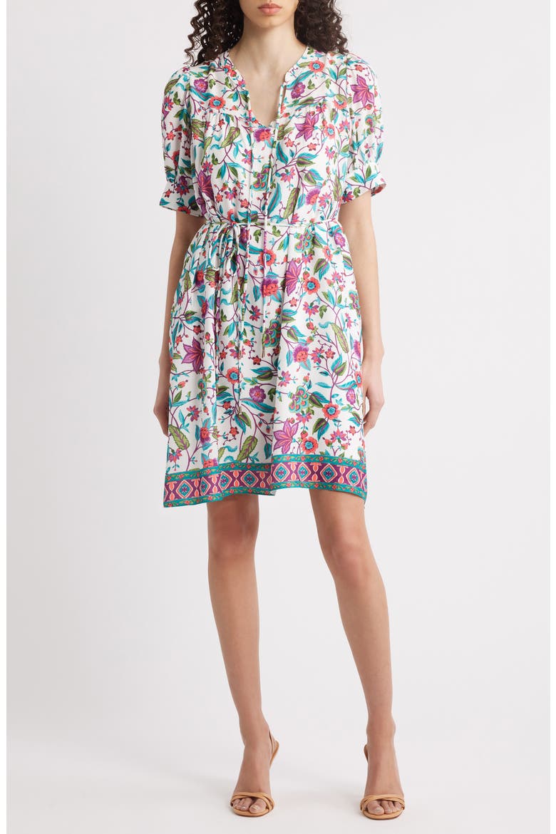 Floral Print Short Sleeve Dress, Main, color, WHITE MULTI